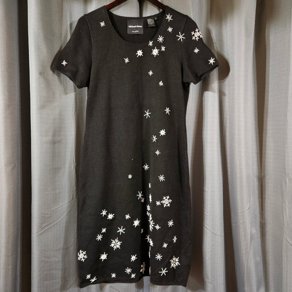 Michael Simon New York Black Snowflake Beaded Knit Sweater Dress Womens Medium